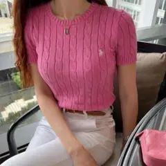 近年タグ 美品 ラルフローレン ケーブルニット 半袖 クルーネック ピンク L