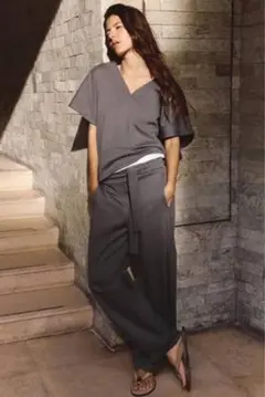 ZARA ザラ　グレー ワイドパンツ ウエストリボン付き　新品タグ付き