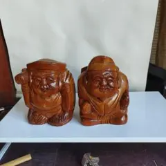 木彫り 恵比寿 大黒天 縁起物 置物 2体セット 木彫 彫刻 オブジェ 美術