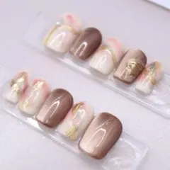 【138】ネイルチップSサイズ ブラウン ピンク　ニュアンス ミラー　マグネット