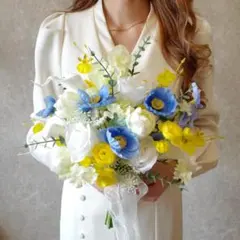 ブルー　イエロー　ブーケ　ウェディング　前撮り　アーティフィシャルフラワー　造花