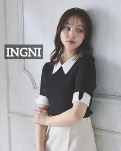 k0859 INGNI 配色襟付半袖ニット ブラックのサムネイル