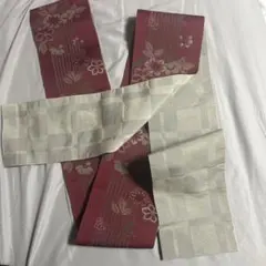 上品えんじ色 花柄 半幅帯／リバーシブル 市松模様 和装 浴衣にも