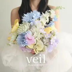 ウェディングブーケ　造花　結婚式　前撮りブーケ　胡蝶蘭　水色　黄色　チューリップ