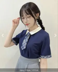F i.n.t チェックネクタイ付きクレリックポロシャツ　レディース　ネイビー