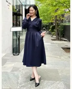 PourVous ウエストタックフレアロングドレス ネイビー オケージョン