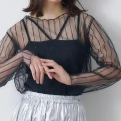 レトロガール　ラメライン シアーカットソー ブラックのサムネイル