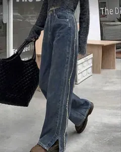 SHEIN ダークウォッシュフリンジ加工デニムパンツ