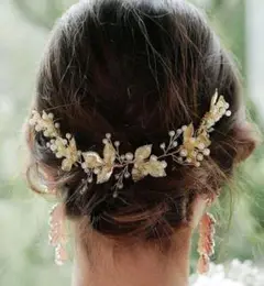 ブライダル ヘアアクセサリー ヘッドドレス ゴールド パール リーフ L-1