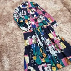エボニー 総柄 マルチカラー ロングティアードワンピース スタンドカラー M〜L
