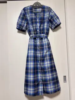青系チェック 半袖シャツワンピース