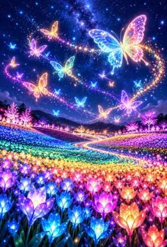 七色のイルミネーション　イラスト　幻想アート　蝶　お花　インテリア　C475