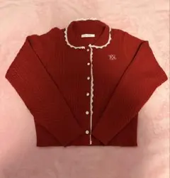 赤 レース ケーブル ニット カーディガン