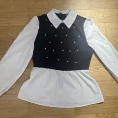 パール装飾付き黒白長袖シャツ