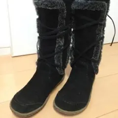 送料込☆黒 ロングブーツ ブーツ スウェード風生地 レースアップ ファー
