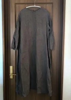 無印良品　ブラウン 七分袖　麻　ロングワンピース