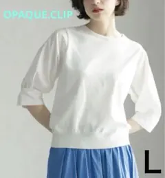 オペークドットクリップ スリーブフハクドッキング5分袖ニット【洗濯機洗い可】 L