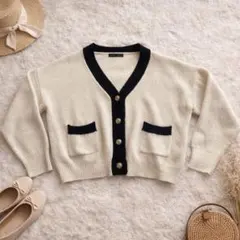 バイカラーニットカーディガン 金ボタン ショート丈 きれいめ 上品 高見え