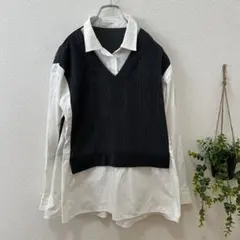 chocol raffine robe レイヤードシャツ ニットベスト 黒白