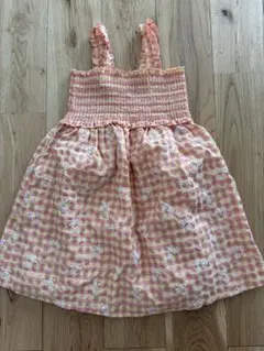 ZARAキッズ ノースリーブ ワンピース ピンク イエロー チェック柄 花柄刺繍