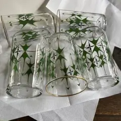 昭和レトロ　佐々木ガラス　緑色星模様ガラスコップ5個セット　希少