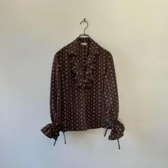 ビンテージ フリルシャツ 総柄 モノグラム 絞り袖 レトロ 茶色 おしゃれ M