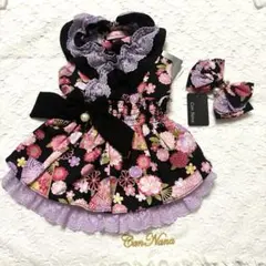 きゃんナナ　新品　Ｓ　花柄和ロりワンピース+バレッタ　ブラック（公式限定カラー）