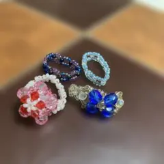 ハンドメイド ビーズ 花モチーフ 指輪 4点セット