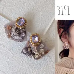 ビーズ刺繍 パープル インド刺繍リボン ハンドメイド ピアス イヤリング