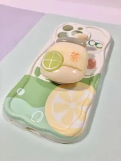 iPhone16ProMax対応立体レモンお茶ケース かわいいスマホスタンド付き