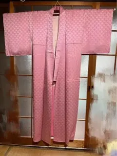 値下げ　ピンク 扇模様 訪問着 絹　アンティーク