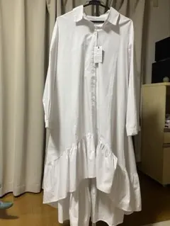 ホワイトフリル長袖シャツワンピース M〜L
