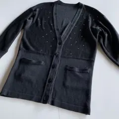 ラインストーン　カーディガン　黒 Vネック　ポケット