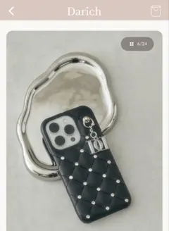 キルティングビジューDDチャームiPhoneケース　ブラック　iPhone15