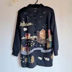 刺繍 黒 長袖カーディガン　ニット　ウールカーディガン　クリスマス