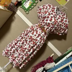 レトロ古着 赤い向日葵柄 フレンチスリーブ ワンピース ヴィンテージ 古着