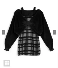 GRLリボンシャギートップス×チェック柄キャミソールミニワンピース an1705