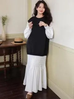 新品 大きいサイズ 4Lワンピース 秋冬 ロングワンピース ドッキング重ね着風2