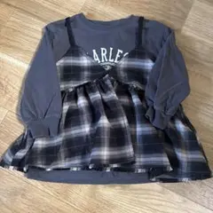 グレー チェック柄 重ね着風Tシャツ