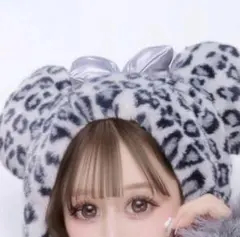 ヒョウ柄ミッキー風帽子 シルバーリボン付き