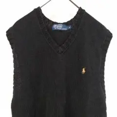 90s　ラルフローレン　Vネック　ニットベスト　セーター　刺繍ロゴ　ブラック　M