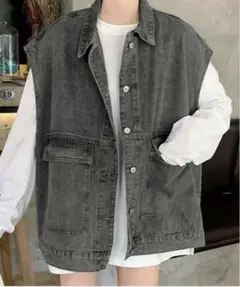 グレー デニムベスト ノースリーブ