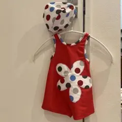 可愛い手作り水着70位　6M〜赤い水着と水玉模様の帽子セット