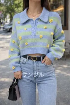 ZARA ザラ 花モチーフ ニット クロップド ボーダー M