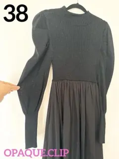 ★美品★オペークドットクリップ 黒 パフスリーブロングワンピース