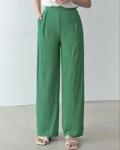 Re:EDIT リエディ 楊柳プリーツウエストタックストレートパンツ 緑のサムネイル