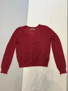 赤い編み込みデザイン長袖カーディガン