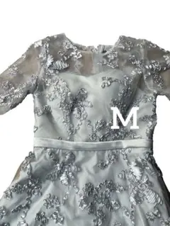 シルバー刺繍 総レース パーティードレス ワンピース シルバー 結婚式 M