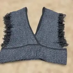 【美品】グレー ブルーフリンジ付き Vネックビスチェ