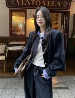 SHEINネイビー ツイード ジャケット 襟取り外し可能